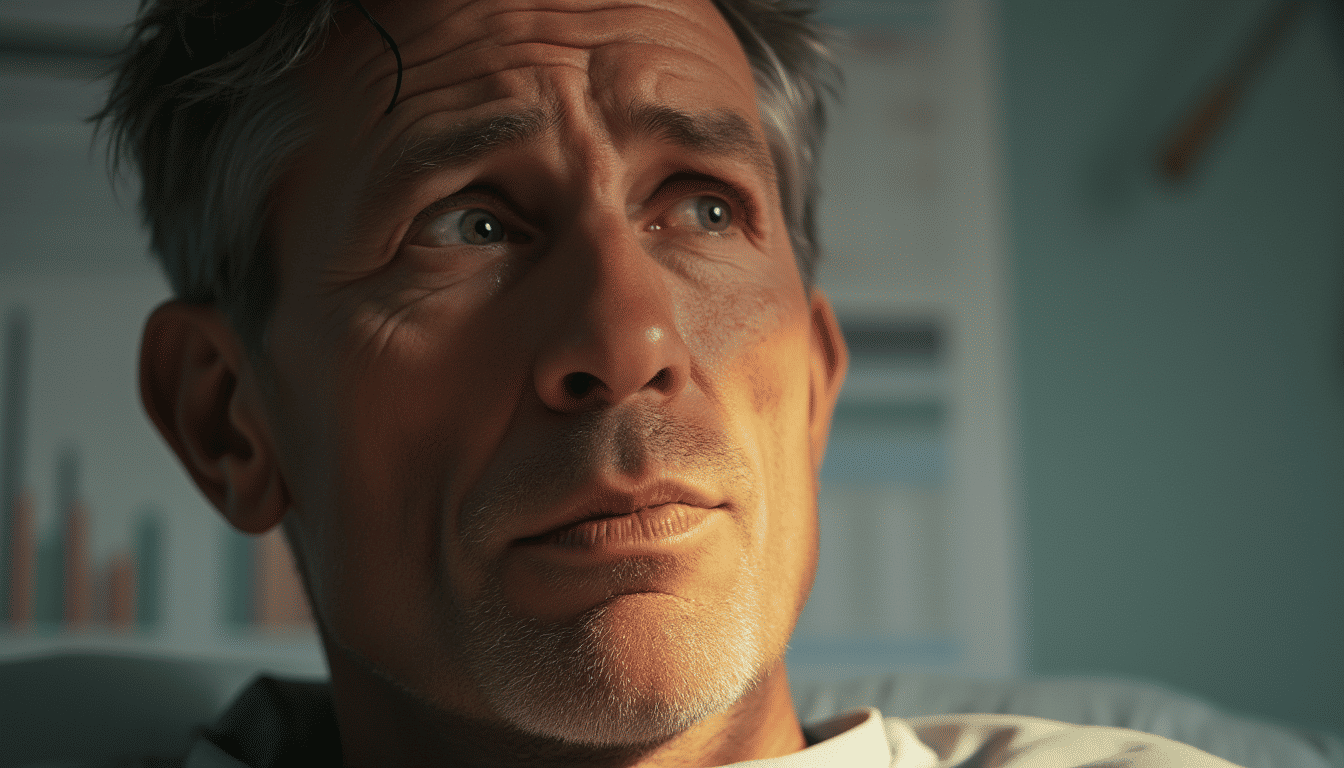 Close-up of a man's face, with eyes reflecting a mix of hope and weariness. The background is softly blurred, with medical charts and appointment reminders subtly visible.